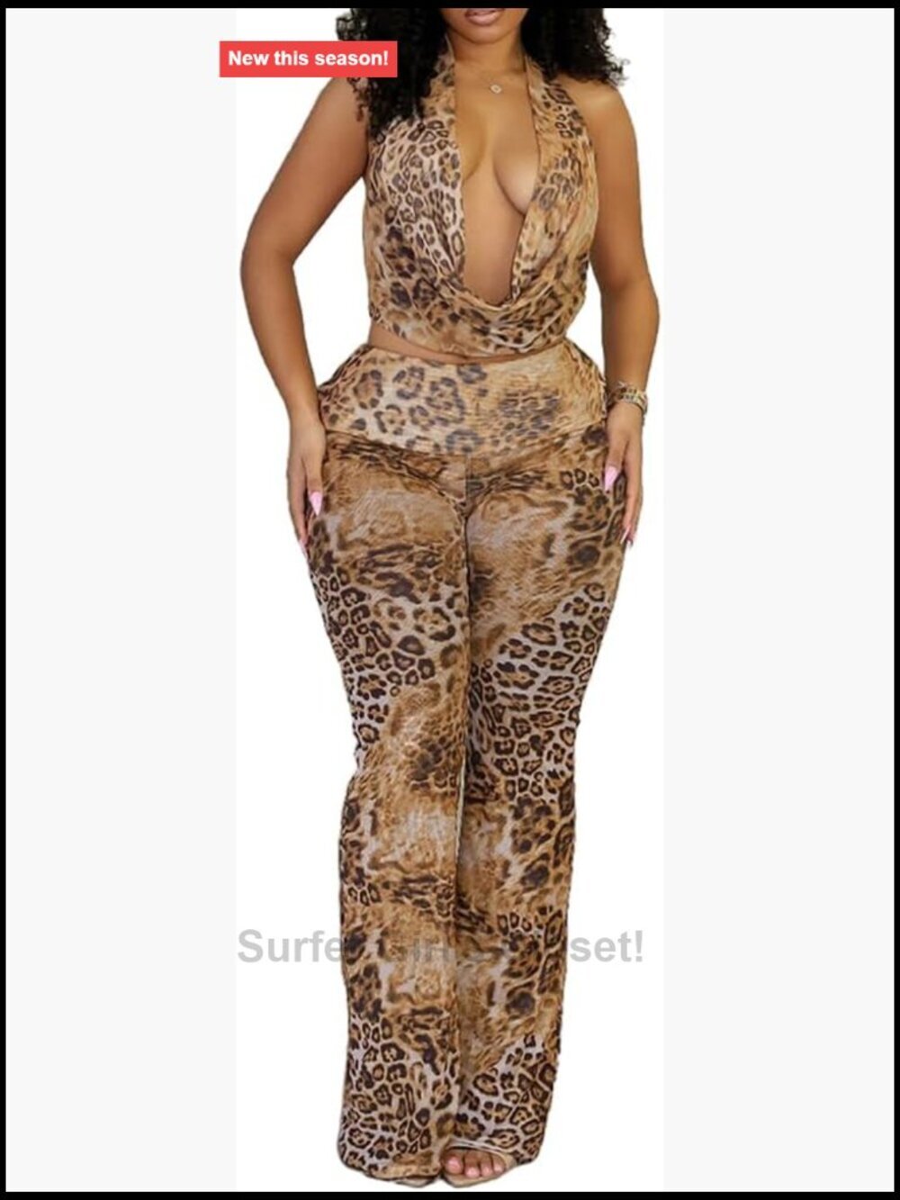 See Through Halter Top Bodycon Flare Pants Set 2 Piece Club Outfits